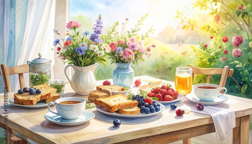 Wallpaper Mural Breakfast tea tranquility wellness relaxing watercolor concept. A bright breakfast table with flowers, tea, and fruits in a peaceful setting. Torontodigital.ca