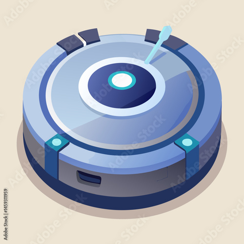 Robot vacuum cleaner icon on a blue background, symbolizing modern home cleaning technology.