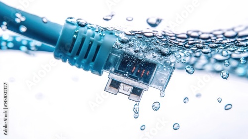 An Ethernet cable partially submerged in water with droplets and splashes