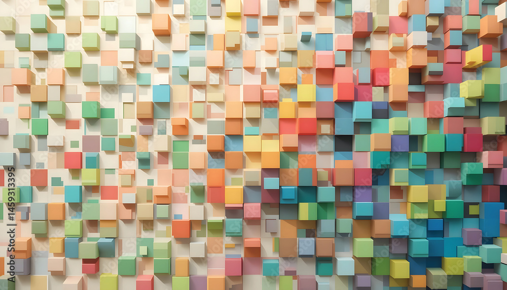 Fototapeta premium Colorful three-dimensional cubes create a visually dynamic and textured pattern on a wall, showcasing abstract art and design.