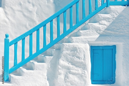 Whitewashed steps and a blue railing ascend a building