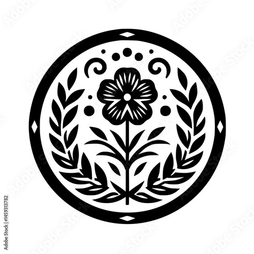 Floral Emblem: Black & White Circular Design, Minimalist, Decorative