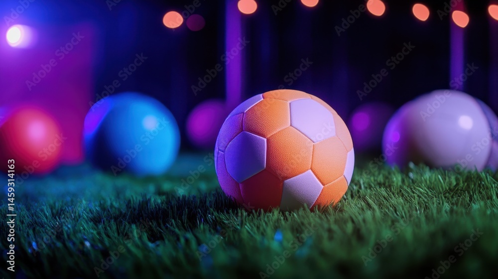 Fototapeta premium Multiple sports balls resting naturally on grass, illuminated against a dark backdrop