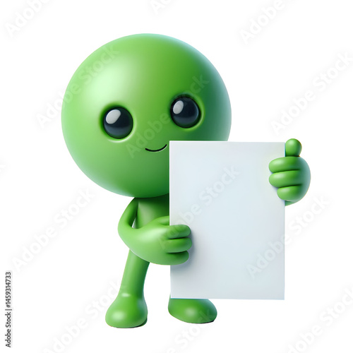 Cute 3d green man holding blank card isolated on white background