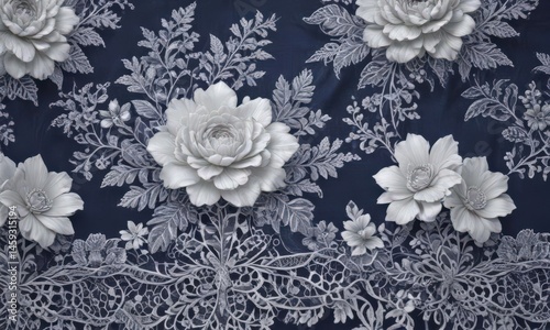 Intricate white floral lace on deep indigo, subtle ombre , texture, dark blue