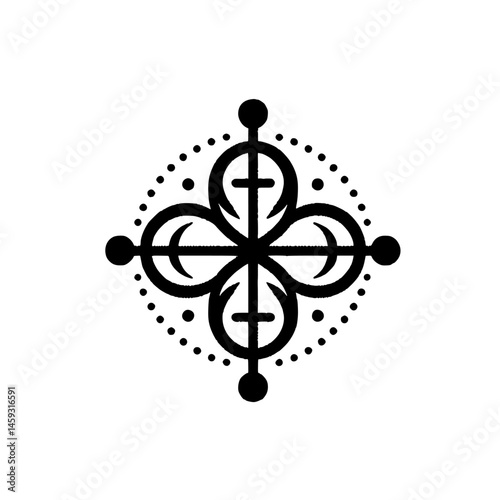 Black Celestial Mandala, Minimalist Geometric Design on White Texture
