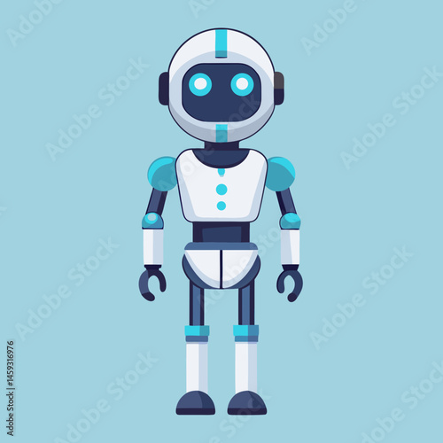 Robot with blue eyes wearing a sleek blue suit, standing confidently against a neutral background.