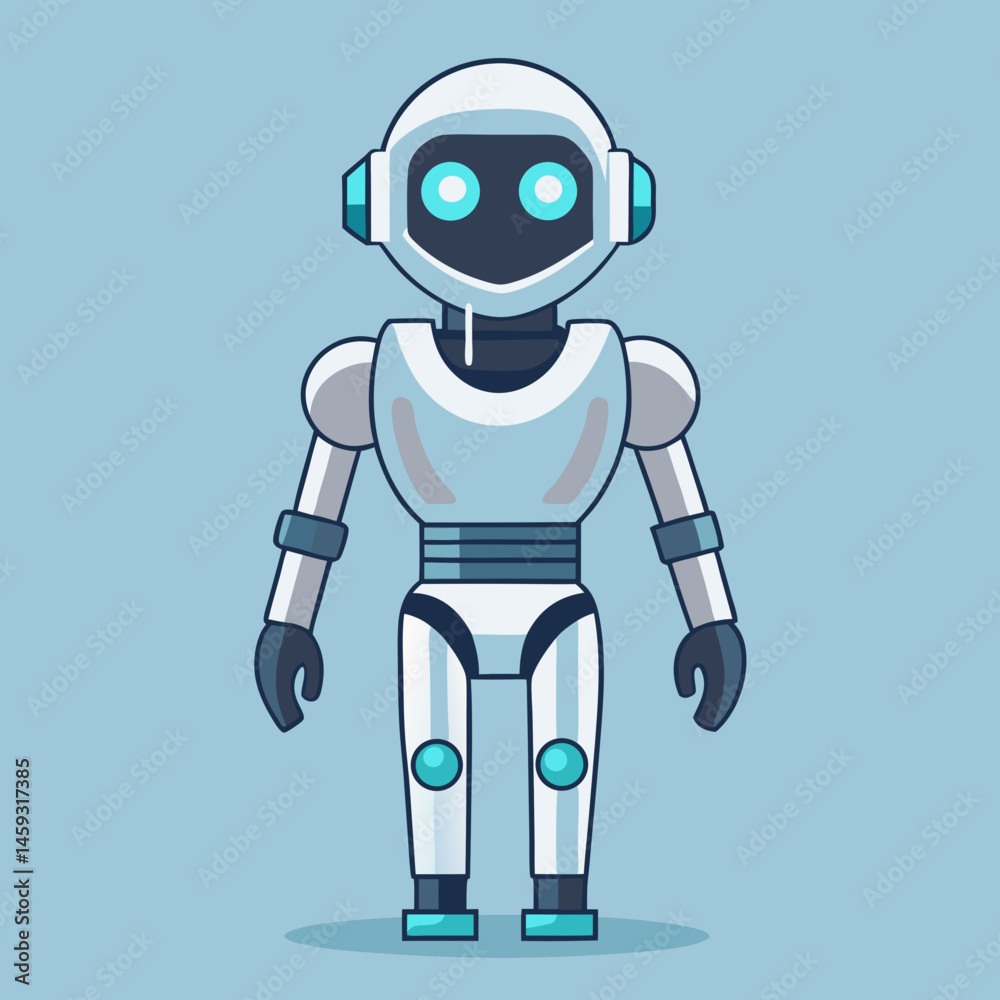 Robot with blue eyes wearing a sleek blue suit, standing confidently against a neutral background.