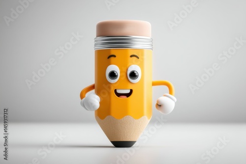 Cheerful Pencil Cartoon Character, 3D Render, Mascot Illustration, Graphic Resource