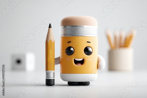 Cute Pencil Character Holding a Pencil, Stationery Mockup, Illustration, Graphic Resources