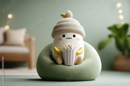 Cute Banana Character Enjoying Popcorn in Beanbag Chair, 3D Render, Illustration