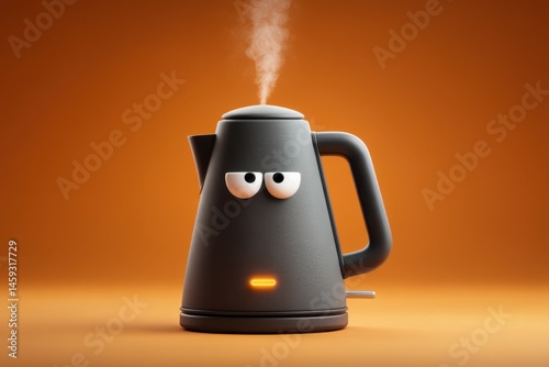 Anthropomorphic Kettle with Tired Expression, Kitchen Appliance Mockup, 3D Illustration, Home Goods