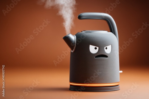 Angry Kettle with Steam, Kitchen Appliance Mockup, 3D Illustration, Background