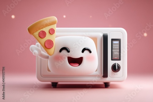 Happy Marshmallow Character in Microwave with Pizza Slice, 3D Render, Illustration