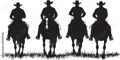Silhouettes of Four Horse Riders on a Hill