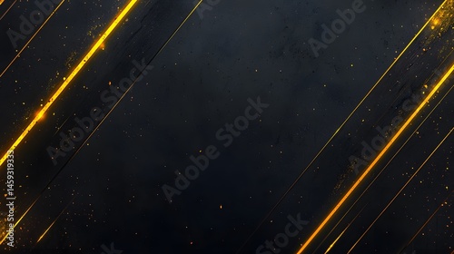 Dark background with diagonal gold lines and particles.