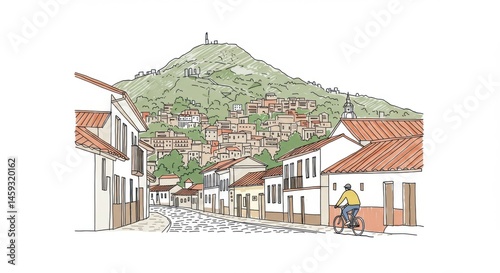 Bogotá Monserrate Hill and Candelaria Colonial Streets with Bicycle Rider