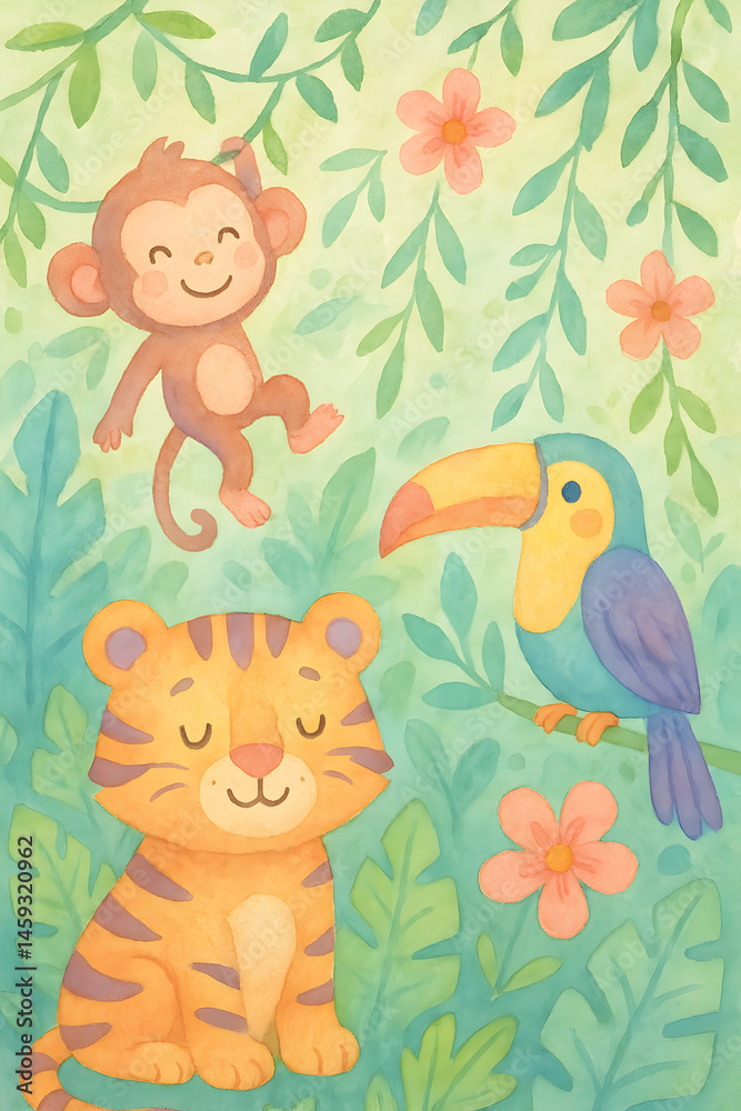 Watercolor-style illustration of a smiling tiger, a playful monkey swinging on a vine, and a colorful toucan perched on a branch, all surrounded by tropical leaves and flowers in soft pastel tones Watercolor-style illustration of a smiling tiger, a playful monkey swinging on a vine, and a colorful toucan perched on a branch, all surrounded by tropical leaves and flowers in soft pastel tones