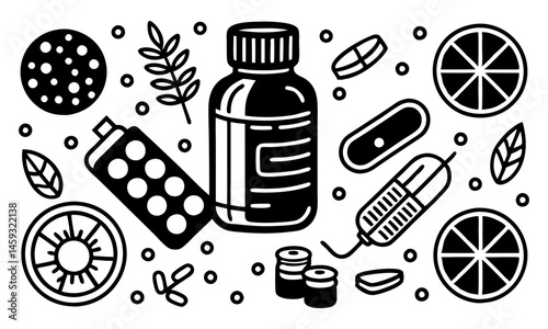 Download Pharmacy Doodle Illustration Including Icons - Pills Bottle, Pipette, Capsules, Tablets Blister, Vitamin, Cough Syrup, Contraceptives And Supplements. Eps File For Design.