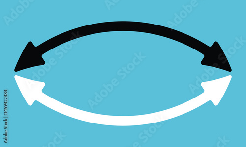 Double headed semi circle arrow. Black and white 
 arrows set. Double ended black an white arrow illustration. Direction black and white symbol. Dual sided curved arrow icon.