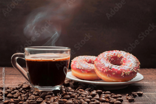 Hot Americano coffee with doughnuts on vintage wooden background. Concepts for morning breakfast, coffee business, coffee prices, coffee shops and drinking coffee. Generated image