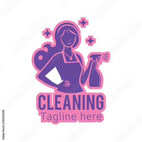 housemaid logo or illustration, woman holding cleaning spray wearing apron, smiling face with long hair. suitable for housemaid flyer promotion