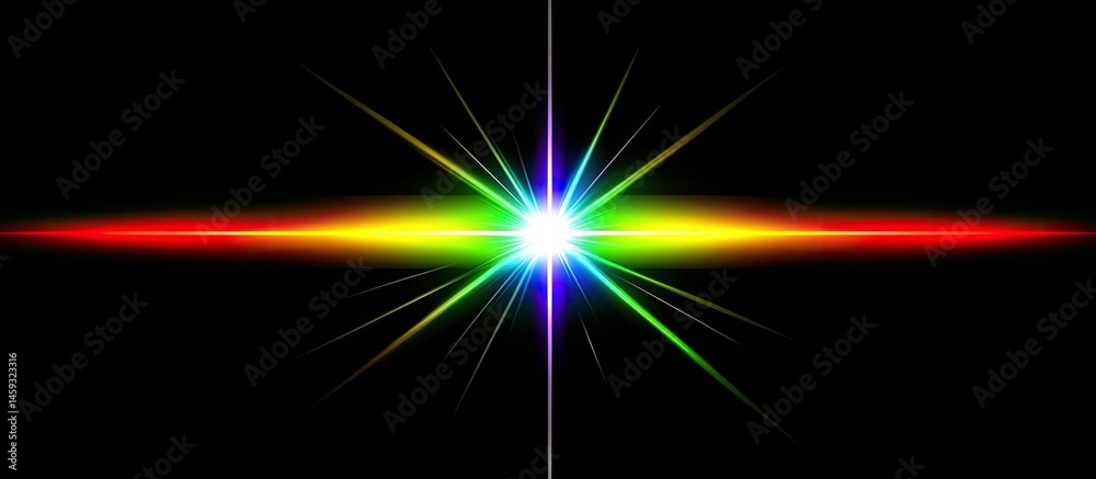 Radiant burst of multicolored light rays emanating from a central point against a dark background Radiant burst of multicolored light rays emanating from a central point against a dark background
