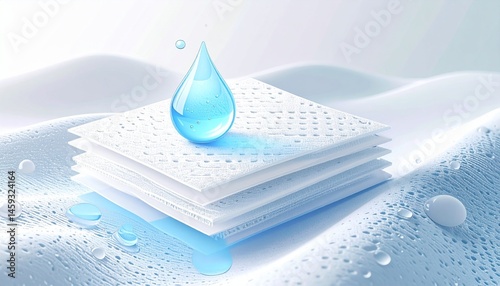 3D Render of Droplet - Absorption or Repulsion of Fabric or Material - Matrass, Wipe, Diaper, Sanitary Pad, Hygiene - Moisture Drop on Sheet and Ventilation - Layers of Sponge, Cotton, Padding