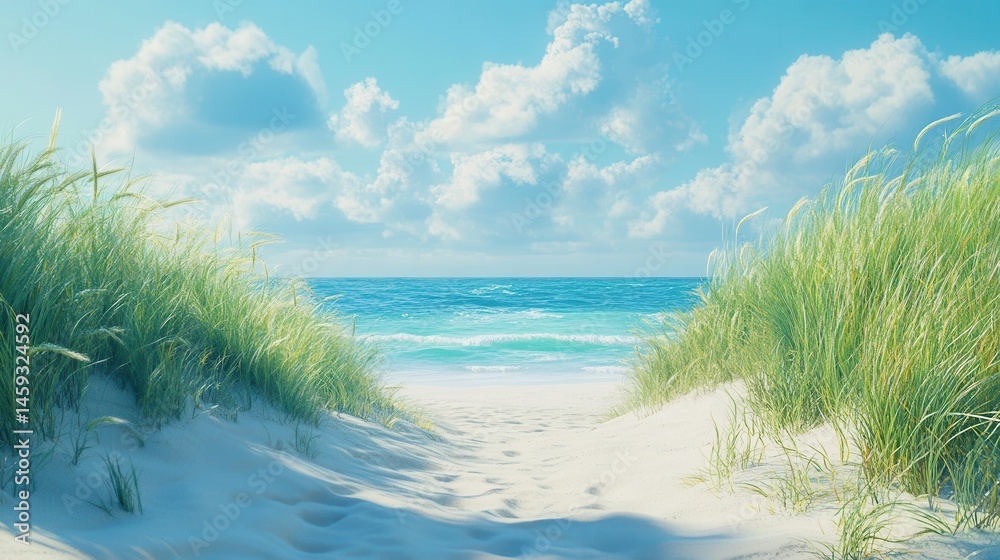 custom made wallpaper toronto digitalSandy Path to a Sunny Beach Lush Green Seagrass, Bright Sky, and Tranquil Ocean View