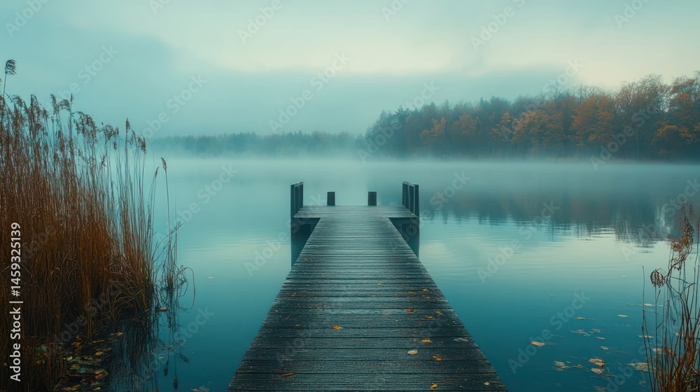 Naklejka premium Lake and Pier in Foggy Autumn Landscape