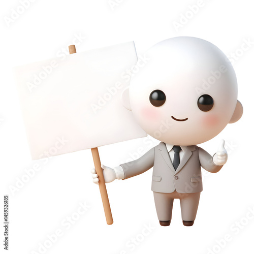 Cute white man 3d holding blank card isolated on white background