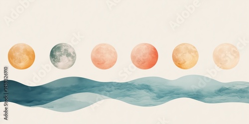 Stylized moon phases illustration on a pastel gradient sky, representing lunar cycle, night transformation, cosmic rhythm, and celestial beauty in minimalist aesthetic design.