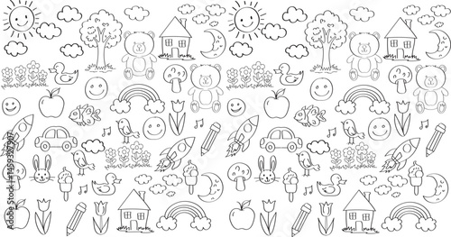Cute Hand-Drawn Doodle Set Black and White Kids Elements for Coloring and Design, Kid crayon hand drawn background, Children school pencil bg