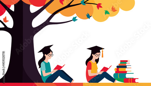 Graduation_Illustration_Students_Reading_Books_Under_a_Tree_Education_Knowledge_and_Learning_Concept_Academic_Achievement_Colorful_Vector_Art