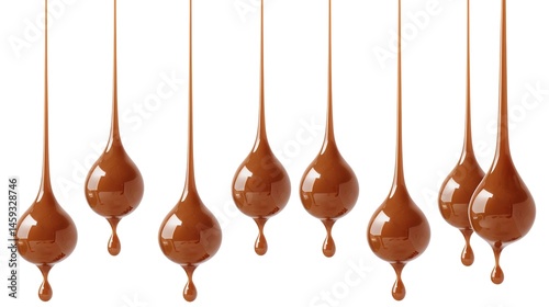 Dripping caramel drops in a mesmerizing display, isolated on a pure white background, creating a visually appealing and mouth - watering sight. The caramel's rich, golden - brown color and the way it 