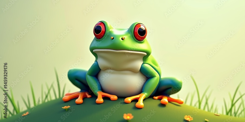 Obraz premium 3D animated frog with a vibrant green body and blue legs sitting on grass