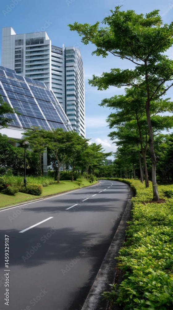 Naklejka premium Urban Road with Solar Panel Building and Lush Green Trees on a Clear Day