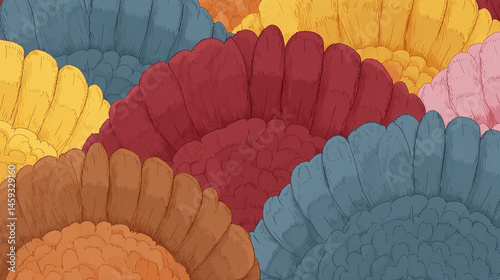 Colorful petal tapestry evokes Turkish Delight dreams, textures dance in harmony, celebrating psychedelic floral rebirth, Radish Festival whimsy