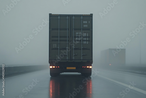 A semi-truck driving on the highway during inclement weather conditions.