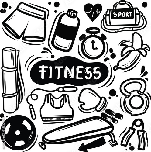 Hand drawn set of fitness doodles Hand drawn vector, Sketches fitness elements pack, fitness elements doodle funny hand drawn cute cartoon black and white, Hand drawn fitness equipment