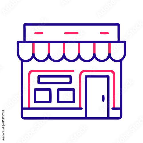 Storefront Icon with Striped Awning and Door in Minimal Line Art Style