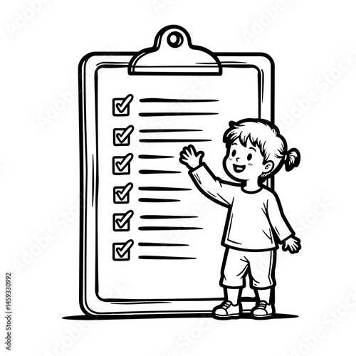 Happy child pointing at vaccination checklist on clipboard, healthcare concept