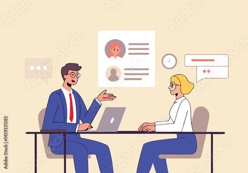 Business Job Interview concept. Vector cartoon illustration of a young woman asking questions and a man in a suit answering them while sitting at a table. Isolated on background