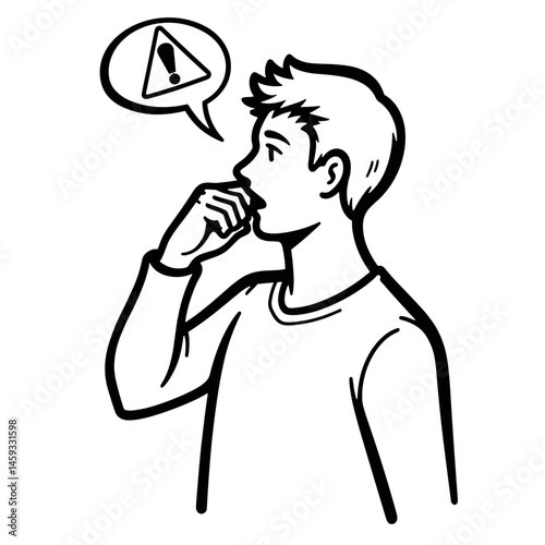 Person coughing with alert triangle, health warning concept