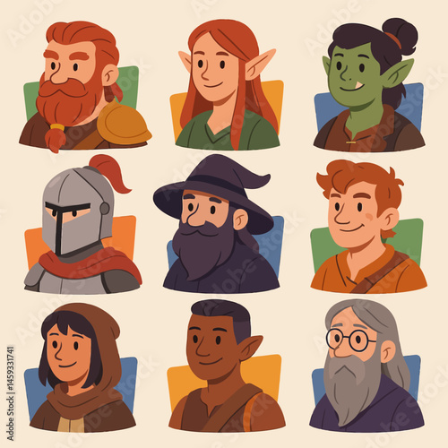 Fantasy Character Portraits Collection Featuring Dwarf, Elf, Knight, and Wizard