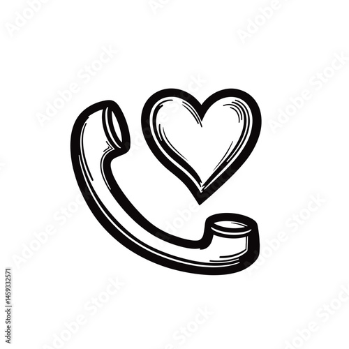 Phone with helpline number and heart, line art illustration