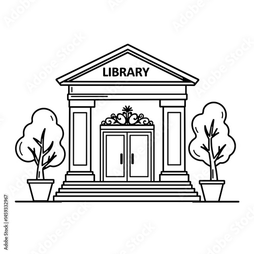 Library entrance with accessible design, line art style