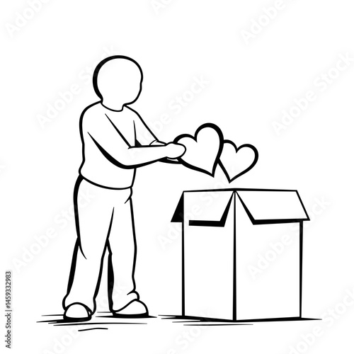 Person donating hearts to charity box, giving concept