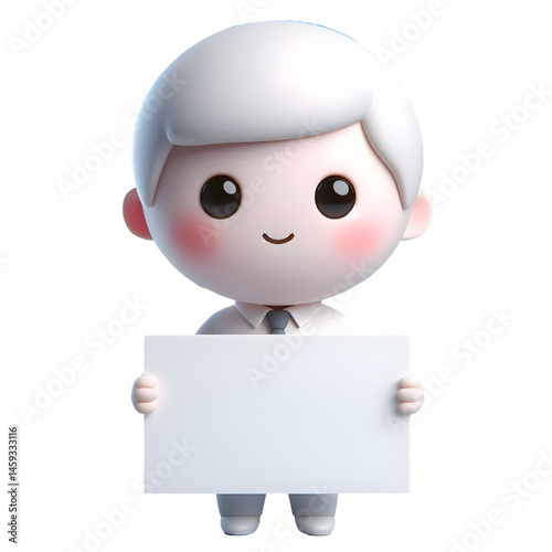 Cute white man 3d holding blank card isolated on white background