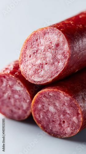Succulent salami trio, rustic charcuterie delight, Kosher-style delicacy, perfect for International Meaty Treats Day, heritage flavors abound